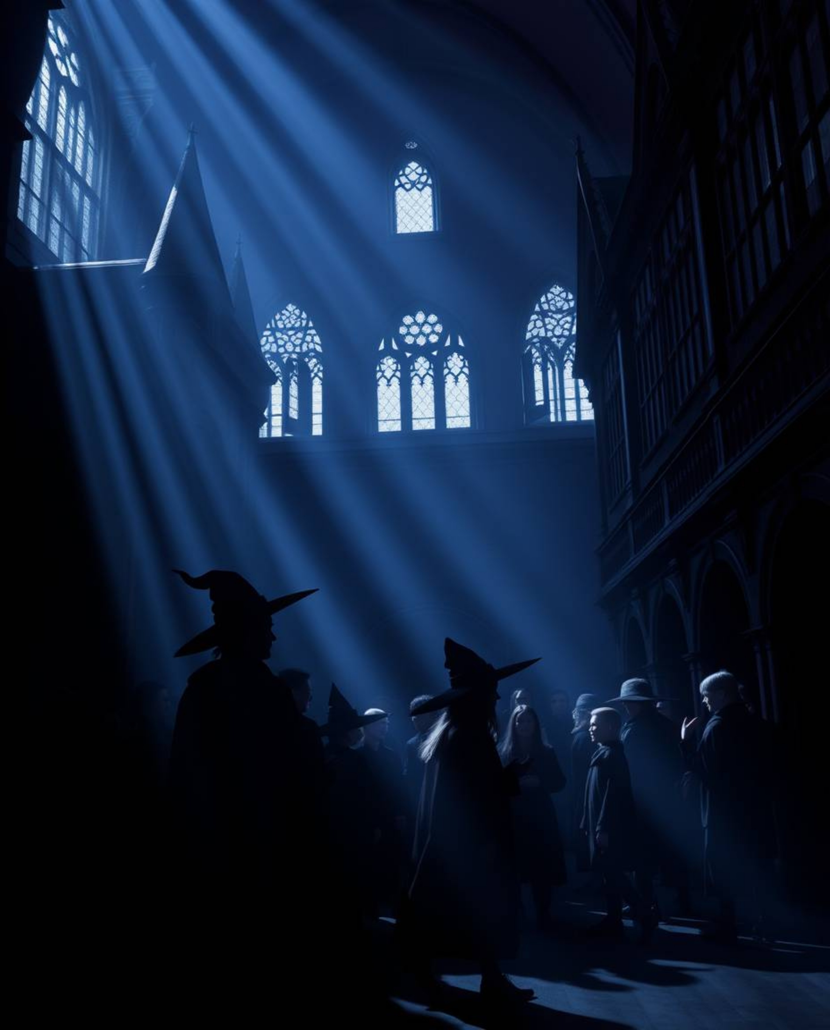 Explore a magical school where young wizards are depicted in striking silhouette against rich burgundy and deep blue tones. T