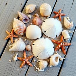 A rustic scene featuring ocean treasures elegantly arranged on a weathered wooden table. Delicate seashells in pearly white, 