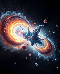 A striking close-up logo depicts the collision of galaxies in a vibrant cosmic explosion.  Geometric shapes and clean lines c