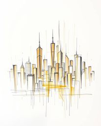 Explore a hand-drawn sketch depicting a glitchy digital landscape, featuring distorted skyscrapers and static noise, all bath