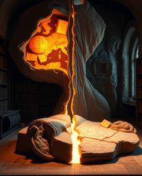 This sculptural clay art piece depicts a captivating scene: a glowing map projected in the air within an old study. The artwo