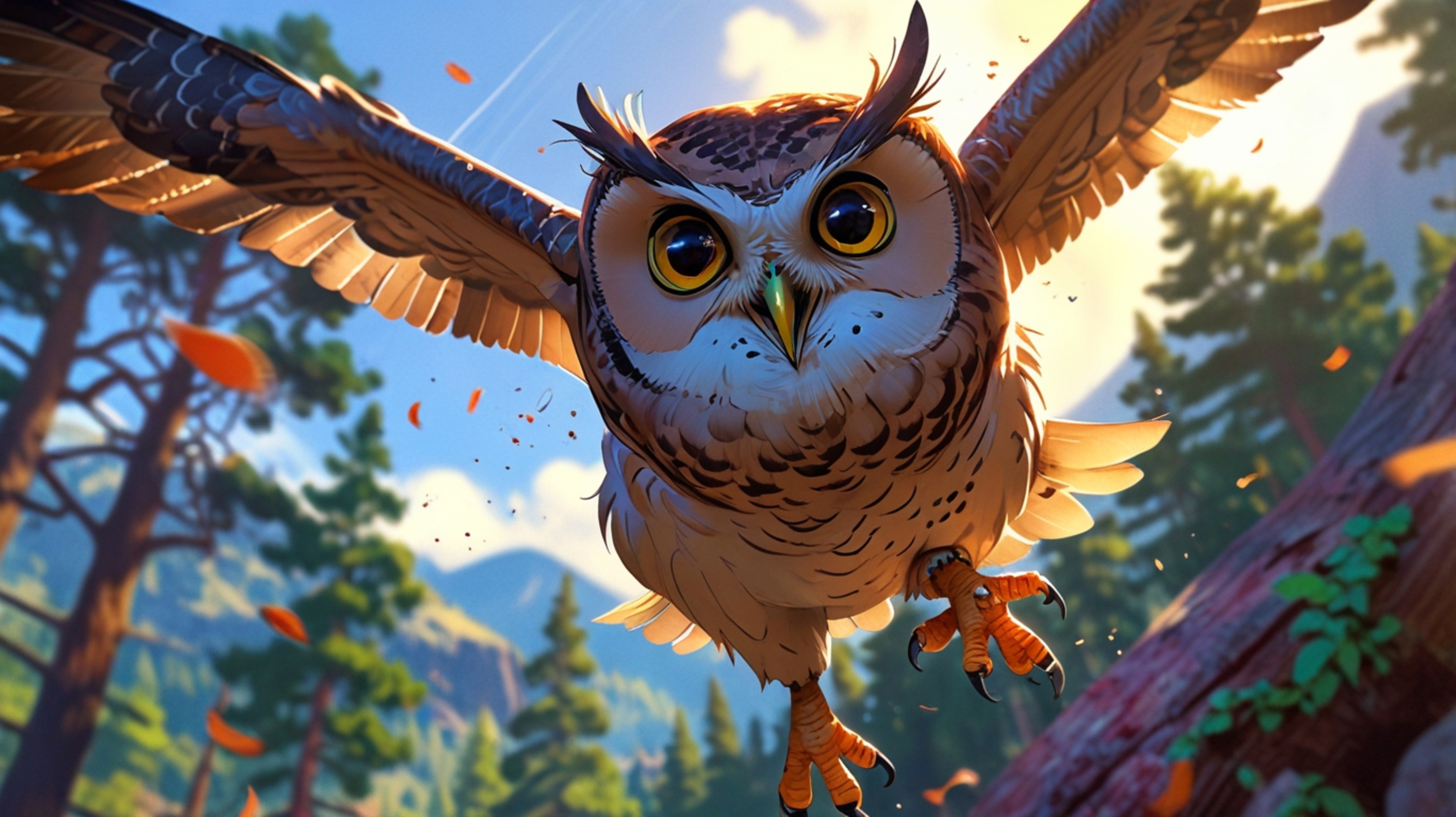 A beautifully graceful and enchanting scene, created in a captivating blend of Pixar and anime styles. A wise blind owl is ca