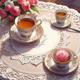 This image captures a serene and elegant scene featuring a delicate lace doily as a backdrop for an antique tea cup and sauce