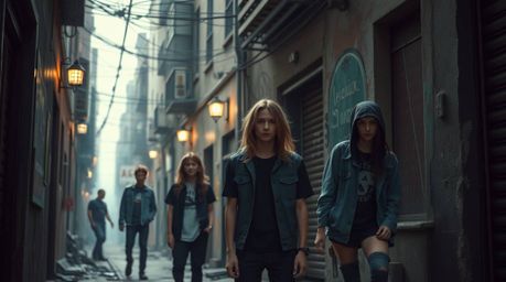 Immerse yourself in a high-resolution stock photo showcasing a grungy city alley inhabited by rebellious teens. This image ca