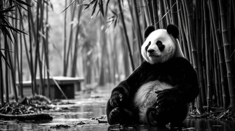 A timeless and elegant black and white photograph depicts a martial artist panda meditating serenely in a bamboo forest under