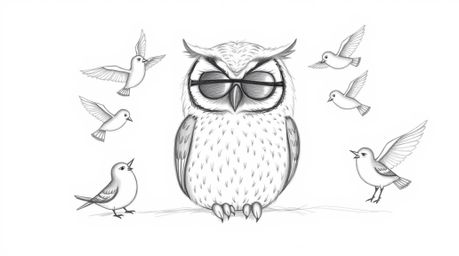 A hand-drawn pencil sketch depicting a blind owl, rendered in Pixar style, peacefully resting against a clean white backgroun