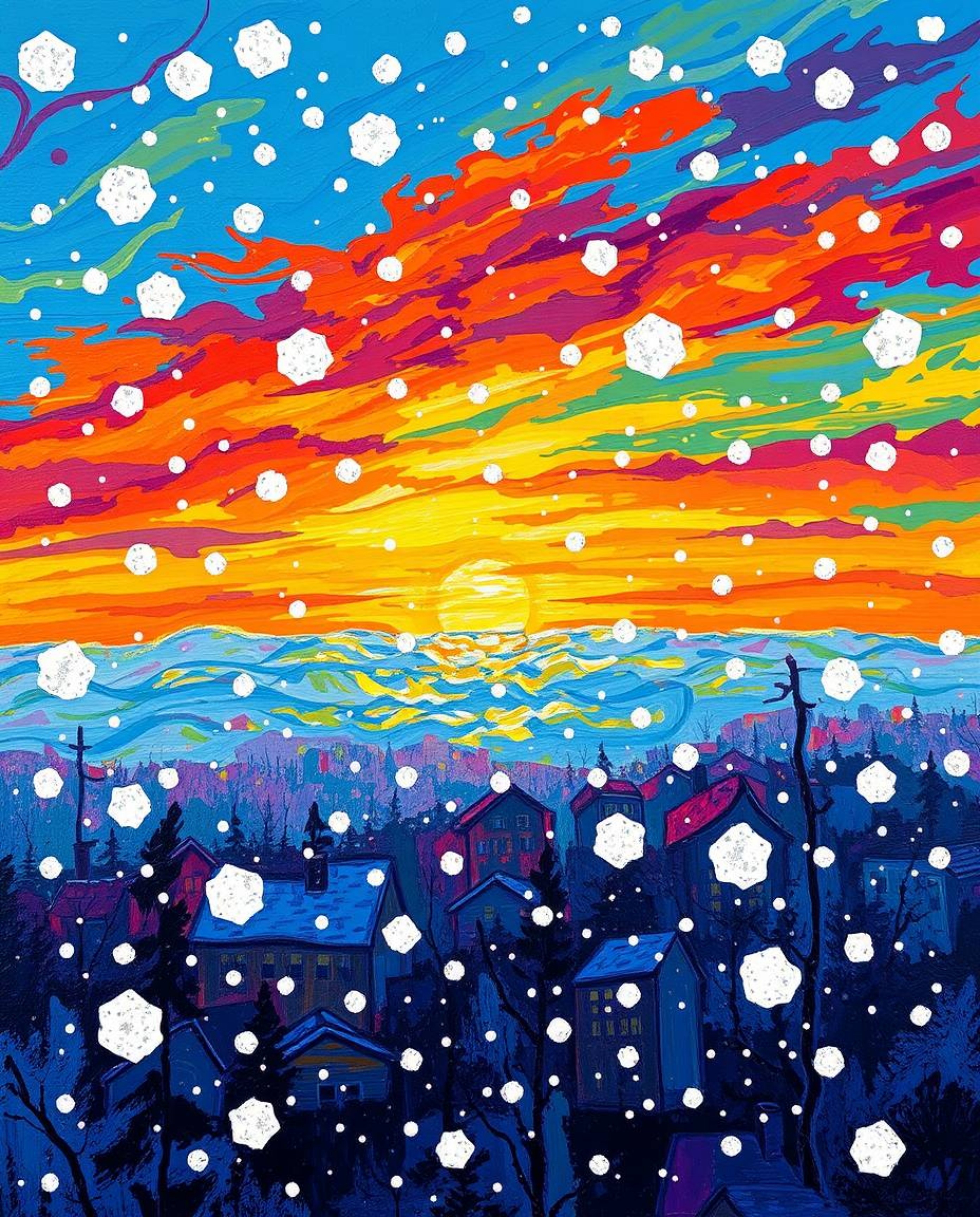 This is an acrylic painting capturing an overhead bird’s-eye view of snowflakes falling during a vibrant sunset. The artwork 
