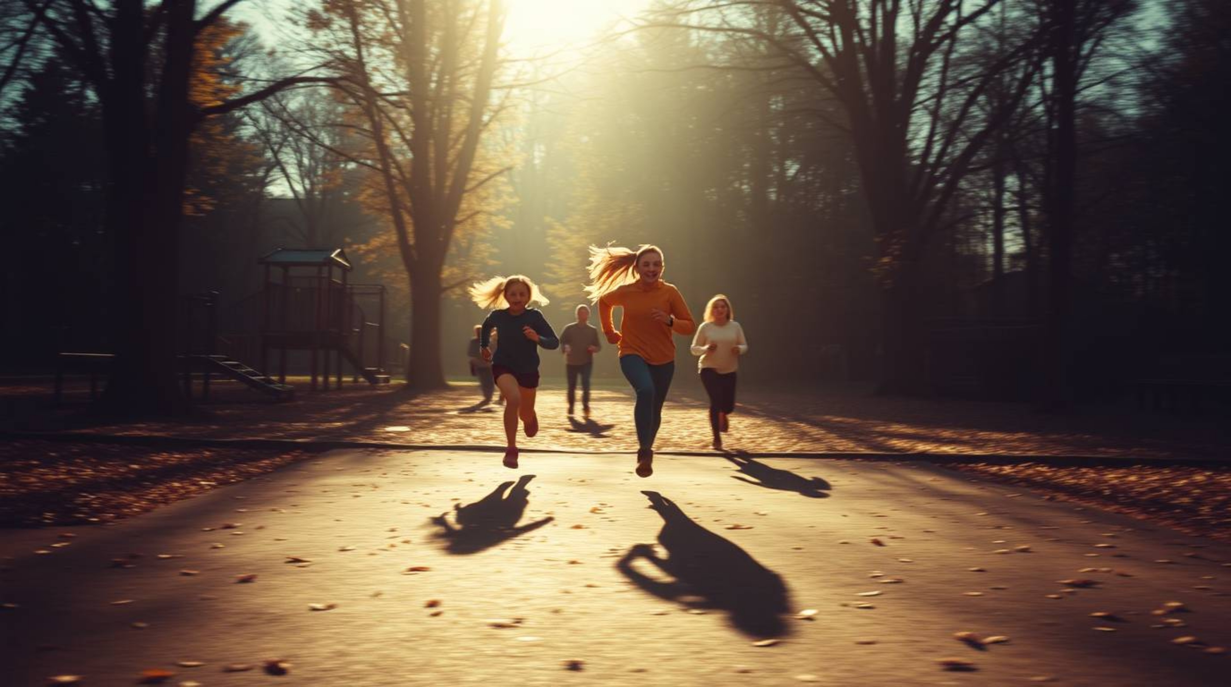 Experience a dramatic slow-motion run through a playground awash in warm autumnal colors.  Contrasting chiaroscuro lighting c