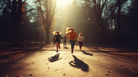 Experience a dramatic slow-motion run through a playground awash in warm autumnal colors.  Contrasting chiaroscuro lighting c