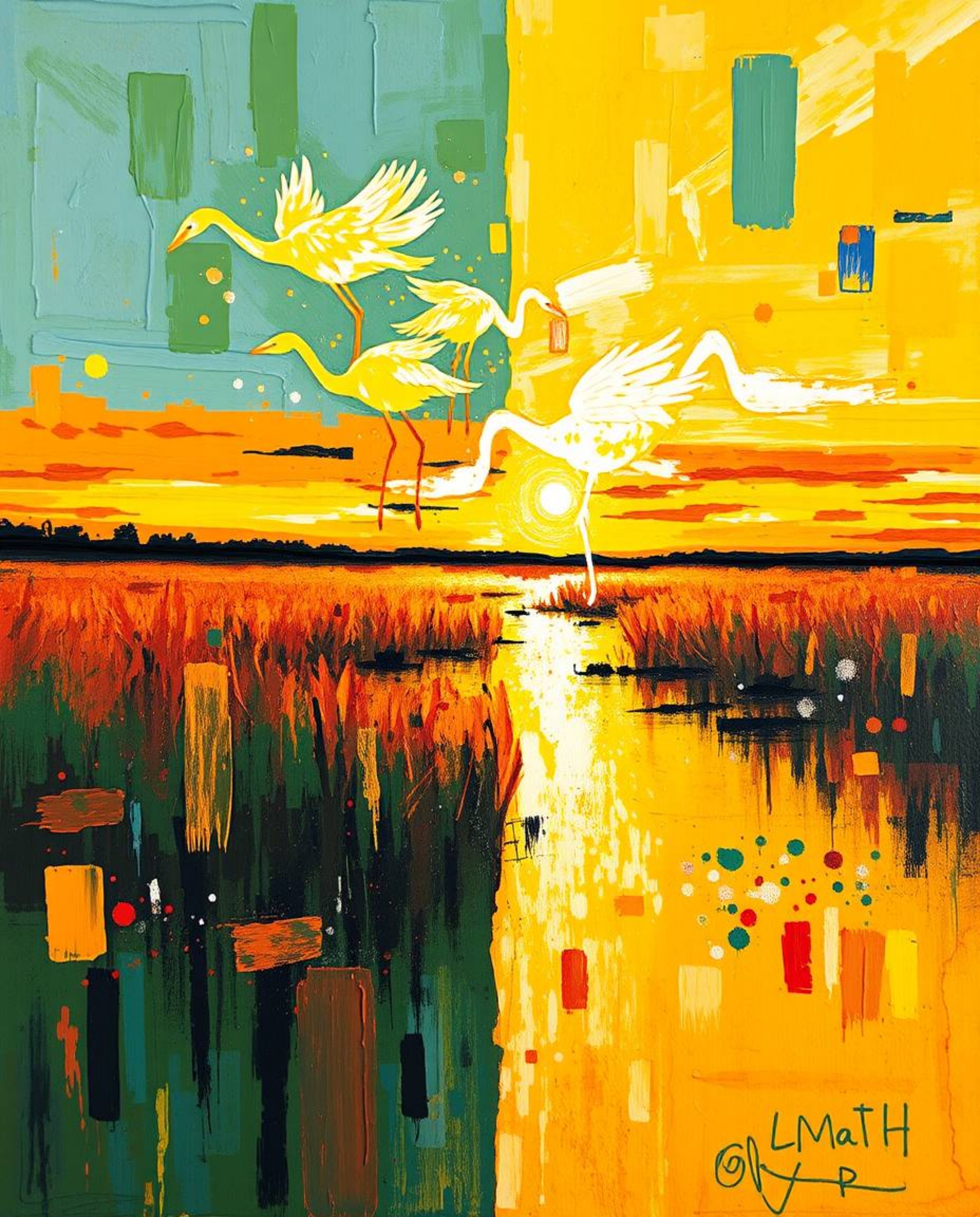 A bold acrylic painting presents a distinct split composition of a golden hour wetlands scene. The artwork is defined by its 