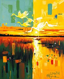A bold acrylic painting presents a distinct split composition of a golden hour wetlands scene. The artwork is defined by its 