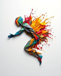 This artwork presents a dynamic human silhouette formed from vibrant splash patterns, intricately designed in an origami styl