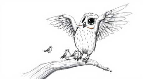 A heartwarming hand-drawn sketch in the style of Pixar depicts a blind owl, rendered with soft, feathery textures, patiently 