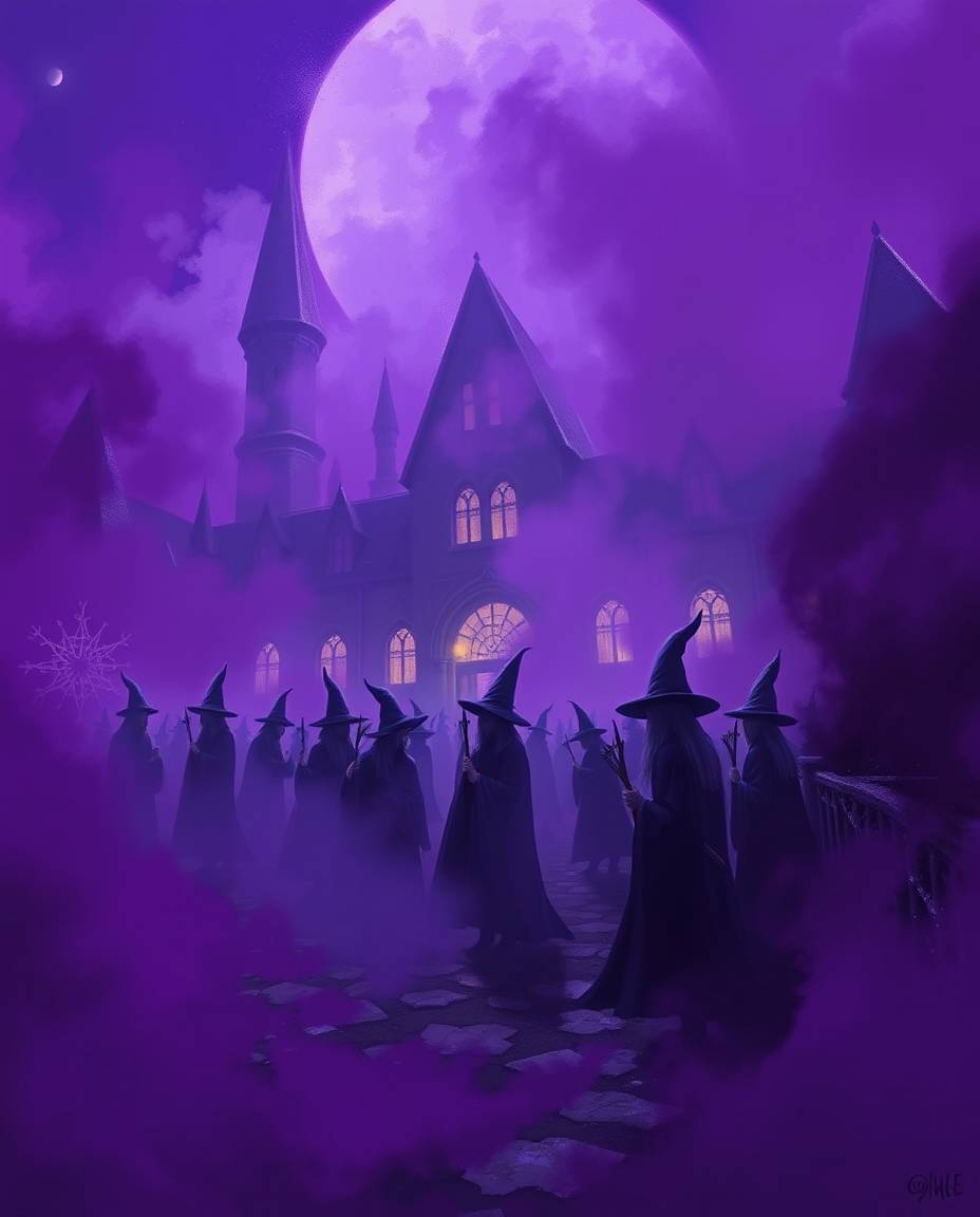 A captivating digital painting showcasing a magical school teeming with young wizards, completely shrouded in a dense, ethere
