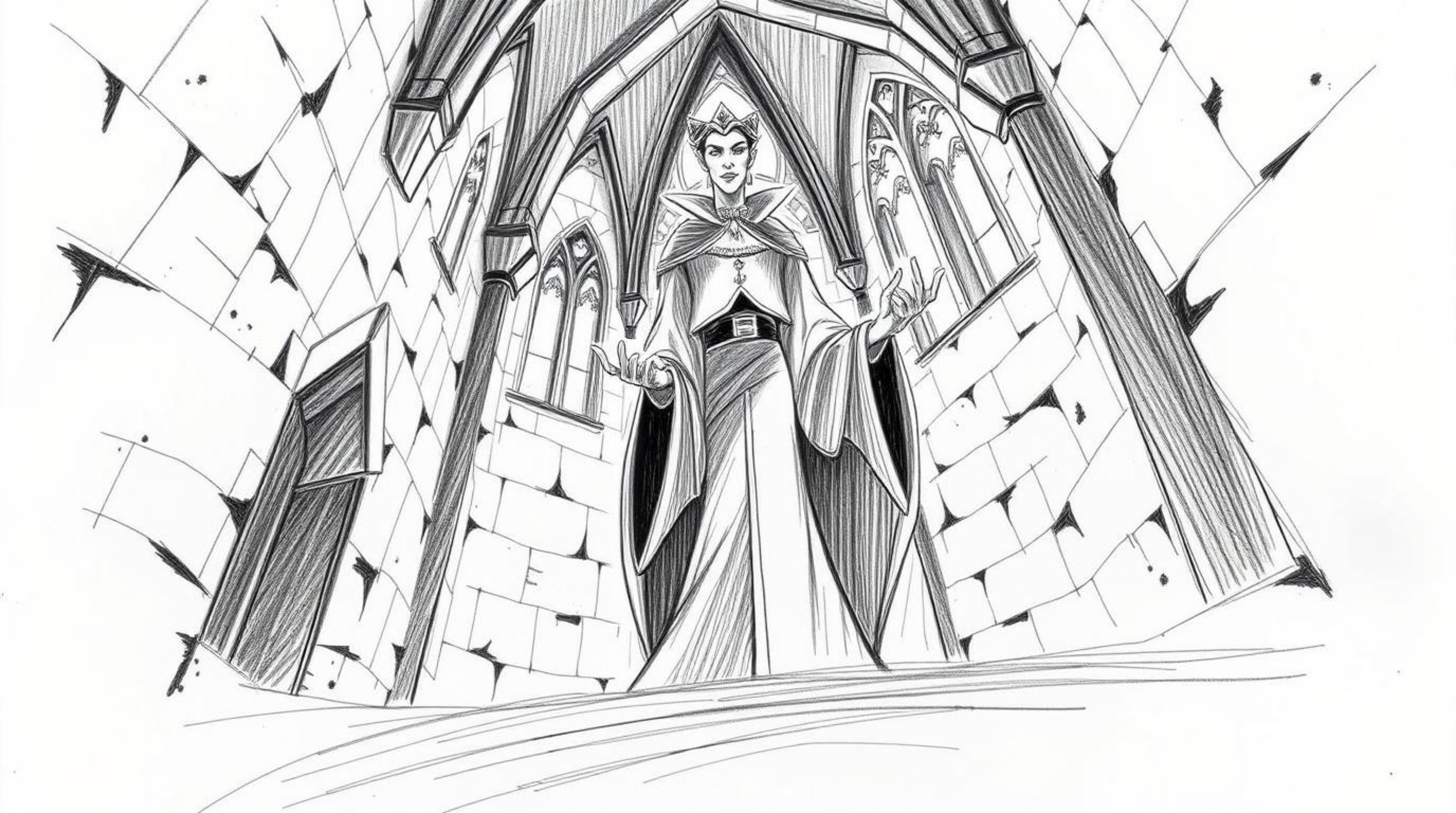 Explore a captivating hand-drawn pencil sketch depicting a classic Disney villain casting a spell within the eerie depths of