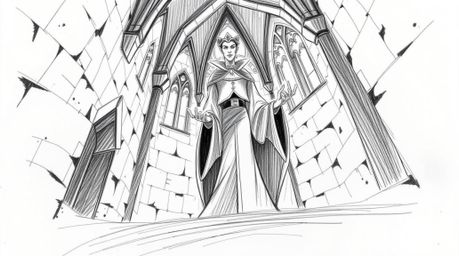 Explore a captivating hand-drawn pencil sketch depicting a classic Disney villain casting a spell within the eerie depths of