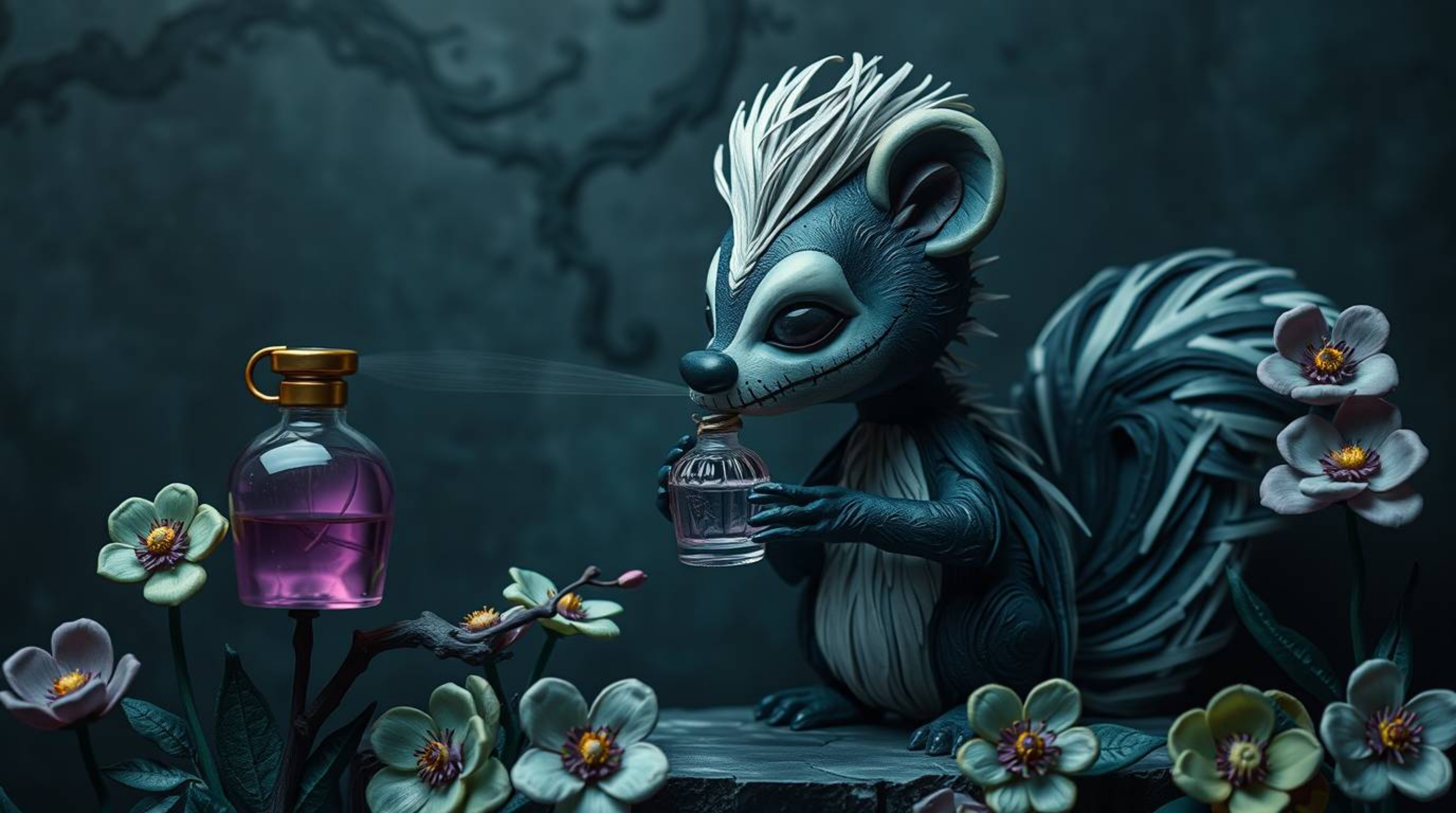 This artwork depicts a cartoon skunk spraying perfume on flowers, skillfully crafted from layered papier-mâché. The piece evo