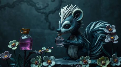 This artwork depicts a cartoon skunk spraying perfume on flowers, skillfully crafted from layered papier-mâché. The piece evo