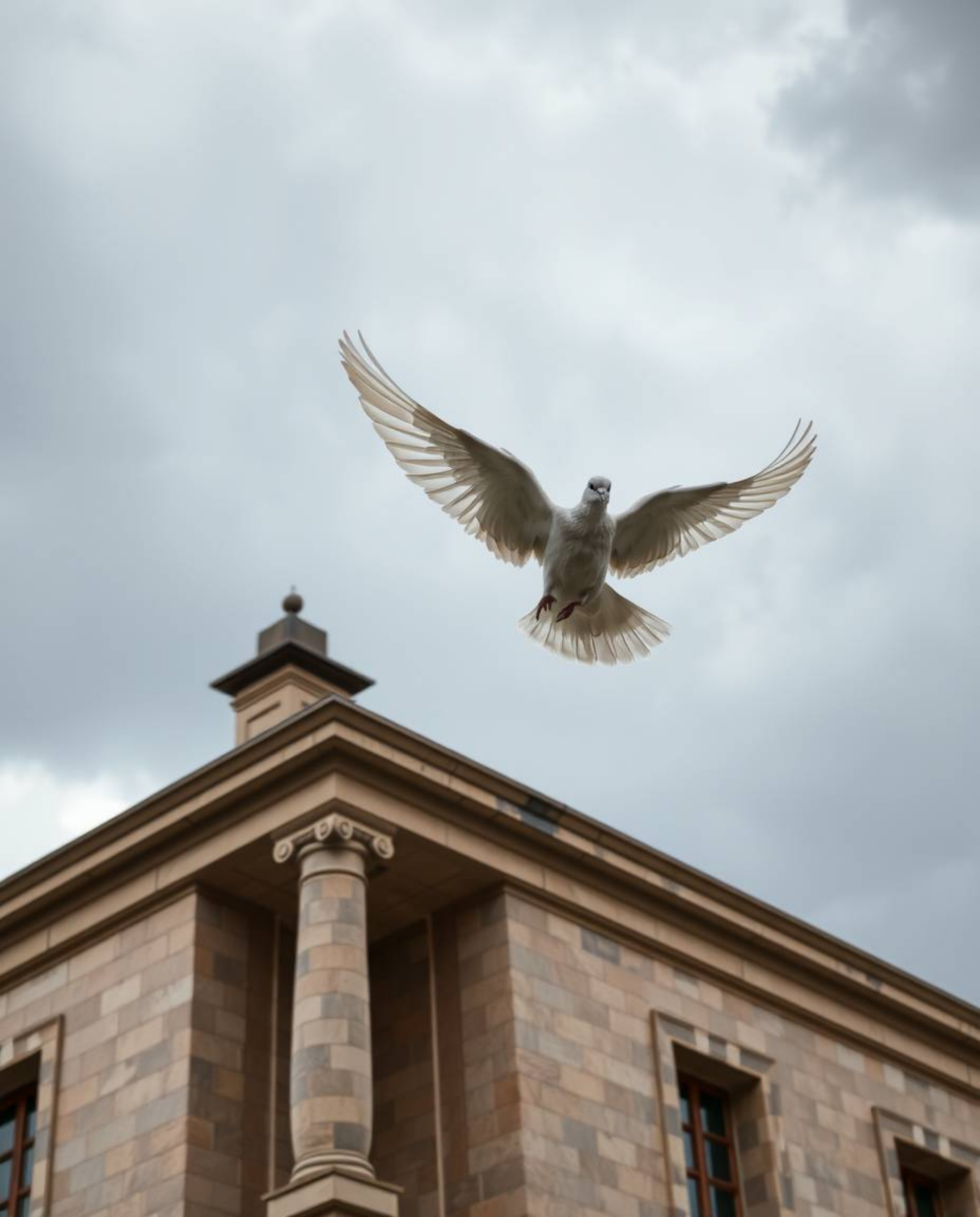 A stunning architectural color photograph depicting a dove carrying an olive branch through tumultuous, stormy skies. The ima