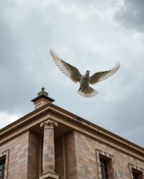 A stunning architectural color photograph depicting a dove carrying an olive branch through tumultuous, stormy skies. The ima
