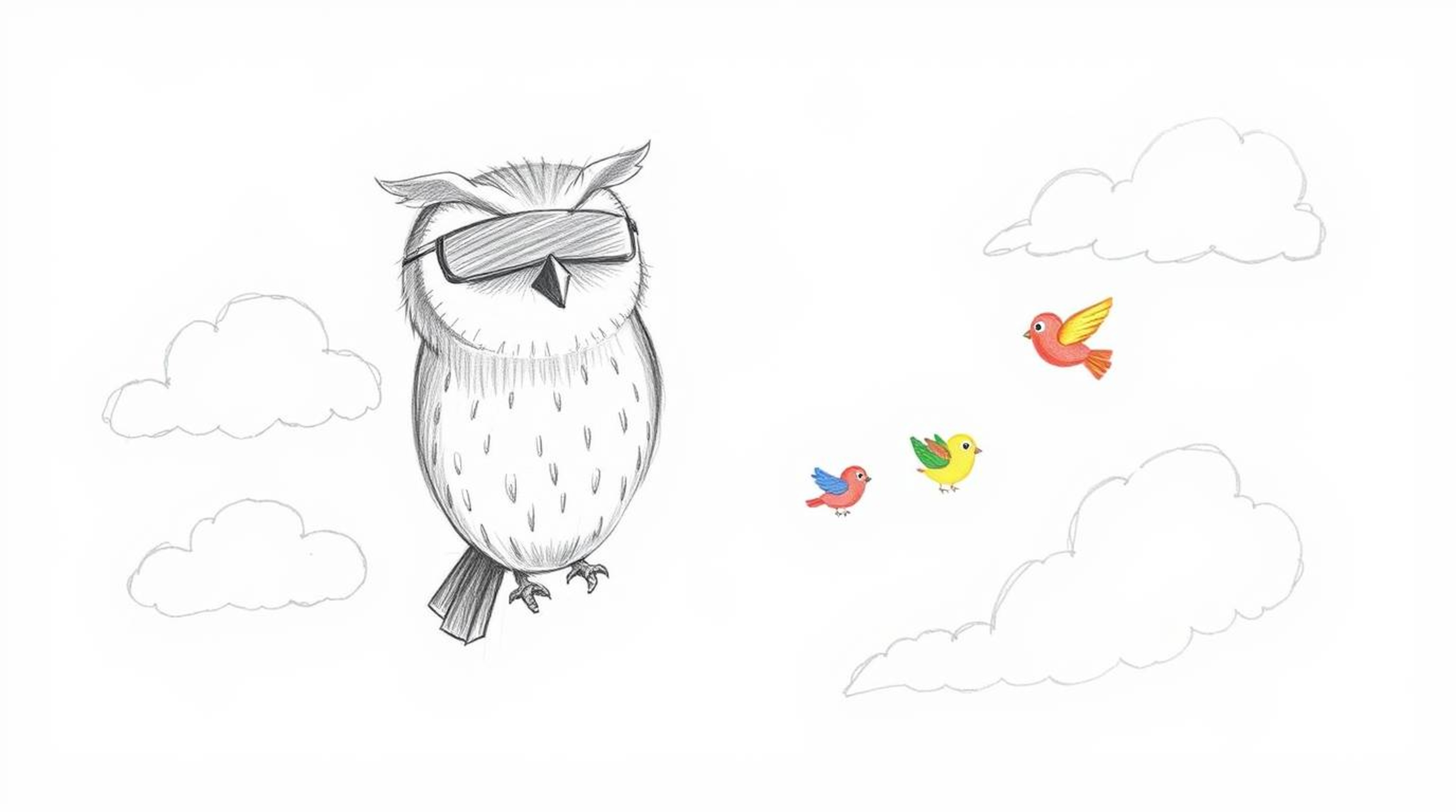 A heartwarming hand-drawn sketch in the style of Pixar, depicting a kind, blind owl with soft gray feathers gently guiding sm
