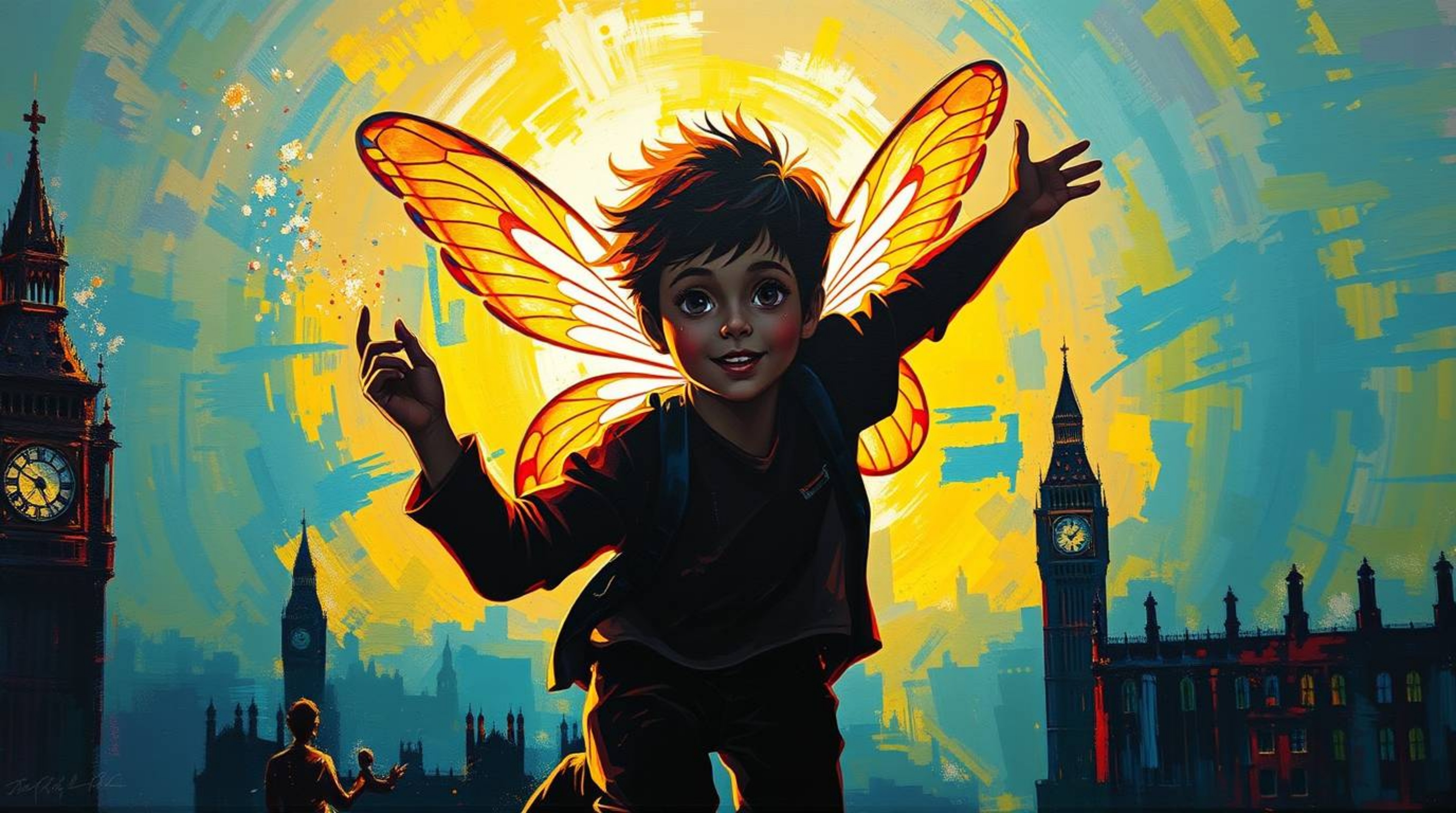 A vibrant acrylic painting featuring a young boy silhouetted against the backlighting, seemingly flying above London with the