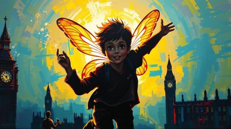 A vibrant acrylic painting featuring a young boy silhouetted against the backlighting, seemingly flying above London with the