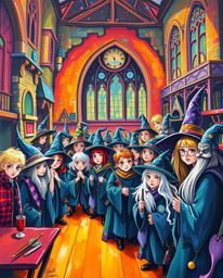 This bold acrylic painting depicts a magical school brimming with young wizards. The artwork is characterized by vibrant colo