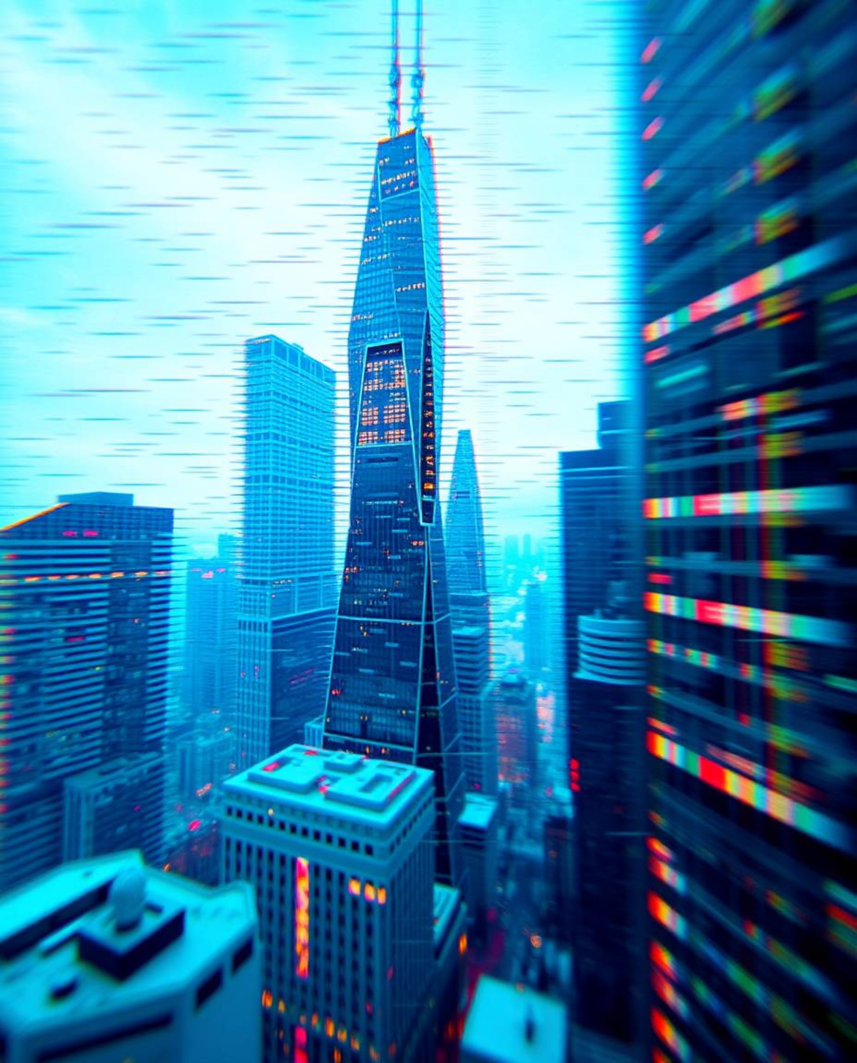 Explore a mesmerizing digital realm in this extreme macro close-up, revealing a glitchy landscape where distorted skyscrapers