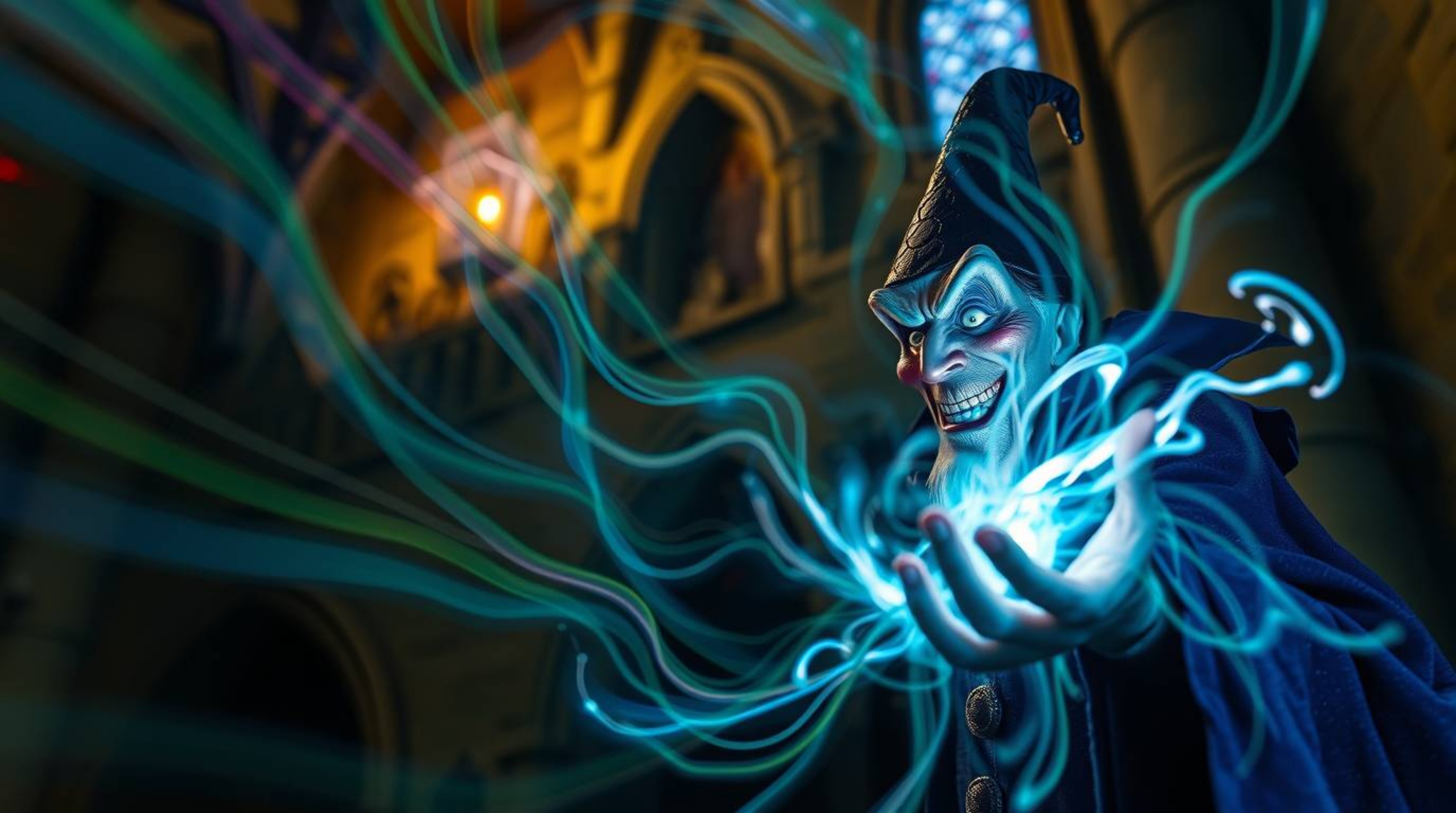 An extreme macro close-up shot with a long exposure reveals a classic Disney villain casting a spell within the aged walls of