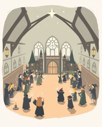 Explore a modern flat design illustration depicting a magical school brimming with young wizards. The scene exudes an etherea
