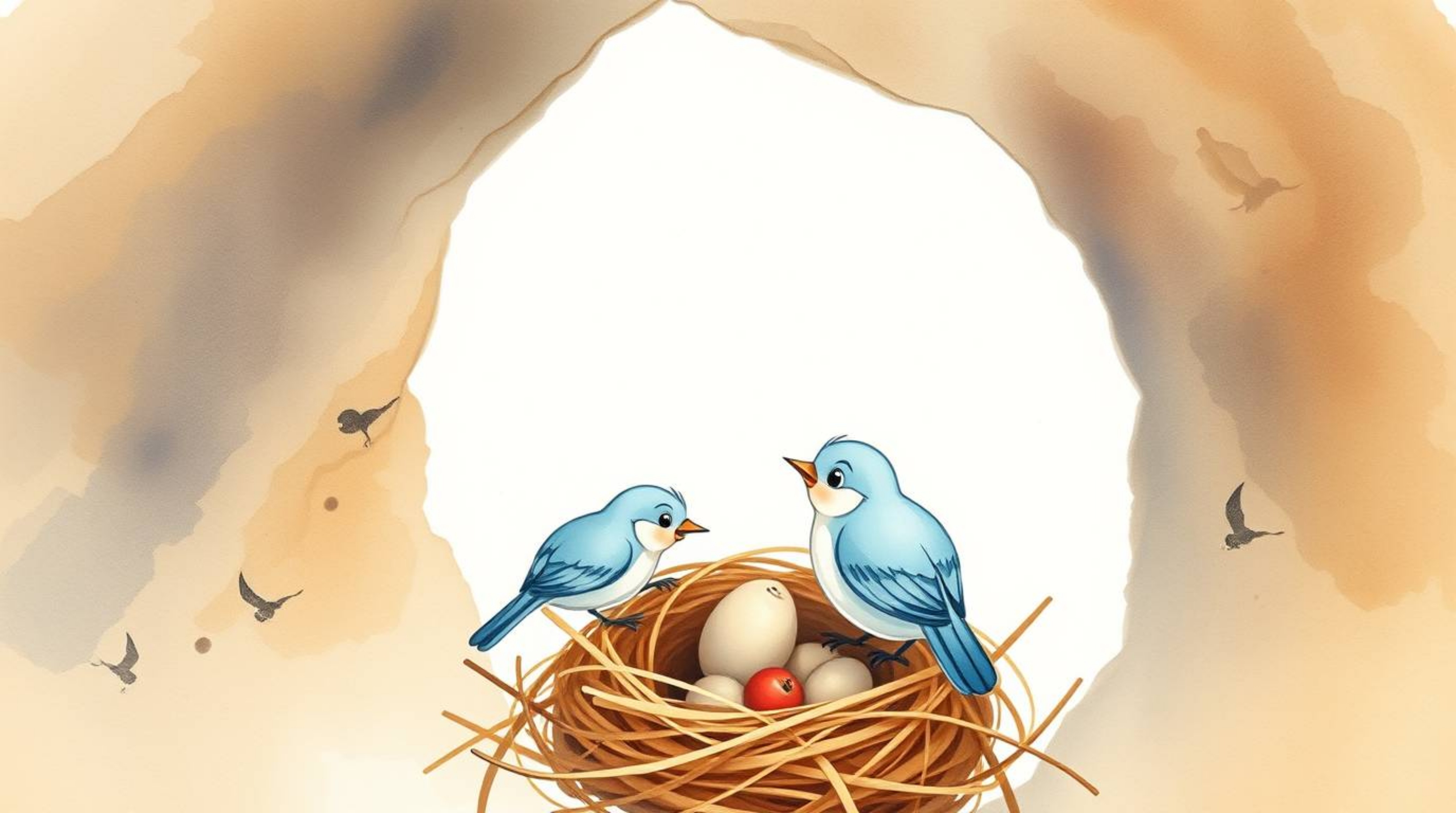 This delicate watercolor painting depicts a charming scene of two cartoon birds diligently building their nest in a classic a