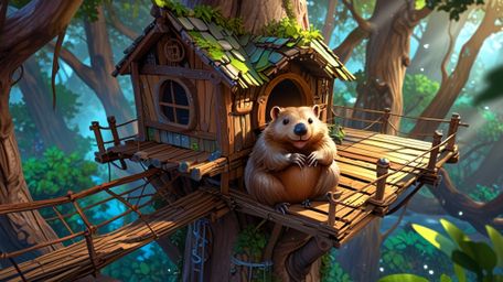 In a whimsical scene that blends the styles of Pixar and anime, a beaver is depicted building the perfect treehouse for orpha
