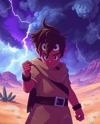 A brave, Disney-style hero embarks on a high-stakes desert adventure amidst intense, dramatic weather conditions. The vibran
