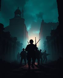 Explore a breathtaking battlefield scene bathed in a rich, deep teal light. Time-warped soldiers stand silhouetted against cr