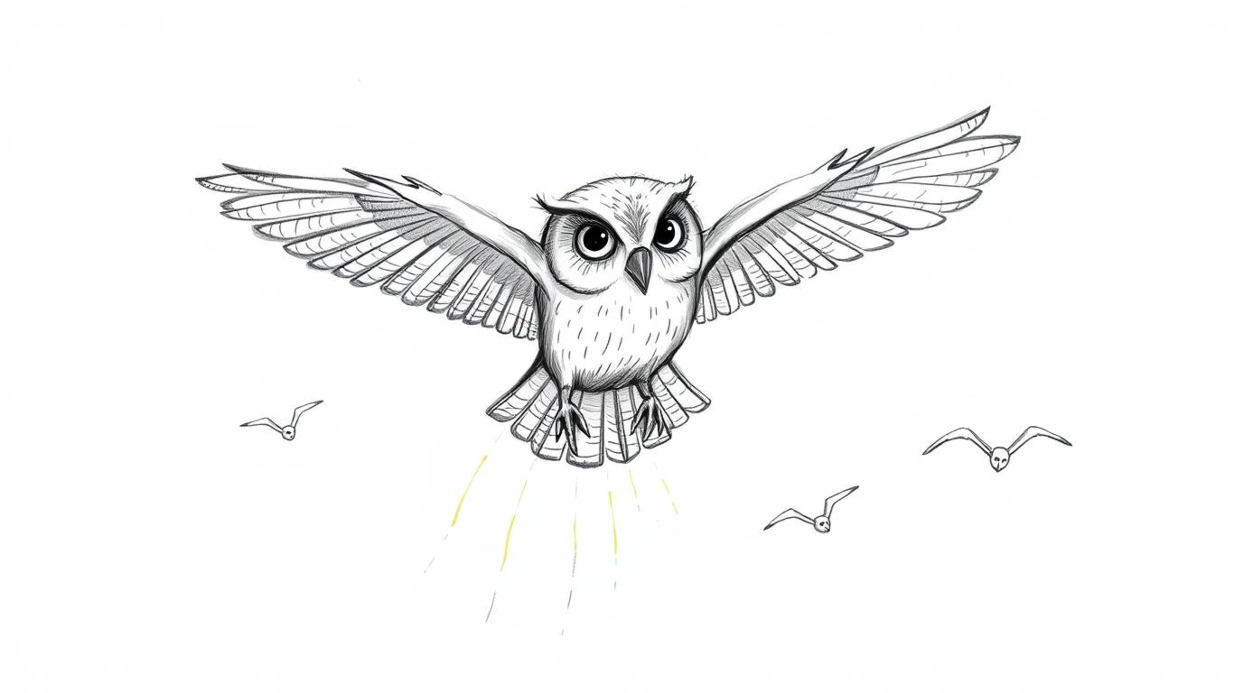 A whimsical hand-drawn sketch in the style of Pixar showcases a heartwarming scene.  A blind owl, captured mid-hover, leaves 