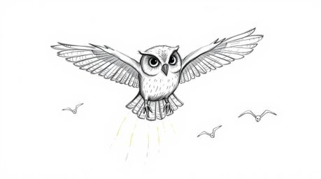 A whimsical hand-drawn sketch in the style of Pixar showcases a heartwarming scene.  A blind owl, captured mid-hover, leaves 