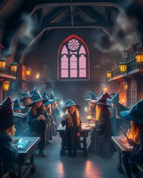 Immerse yourself in the enchanting world of young wizards with this high-resolution stock photo. Featuring a magical school f