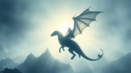 Experience an ethereal and spiritual vibe with a backlit silhouette of a dragon and rider soaring above icy mountains.  A sof