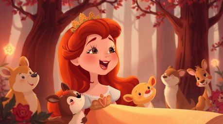 A vintage 2D animated scene depicts a rosy-cheeked princess with auburn hair singing joyfully amidst a chorus of forest anima