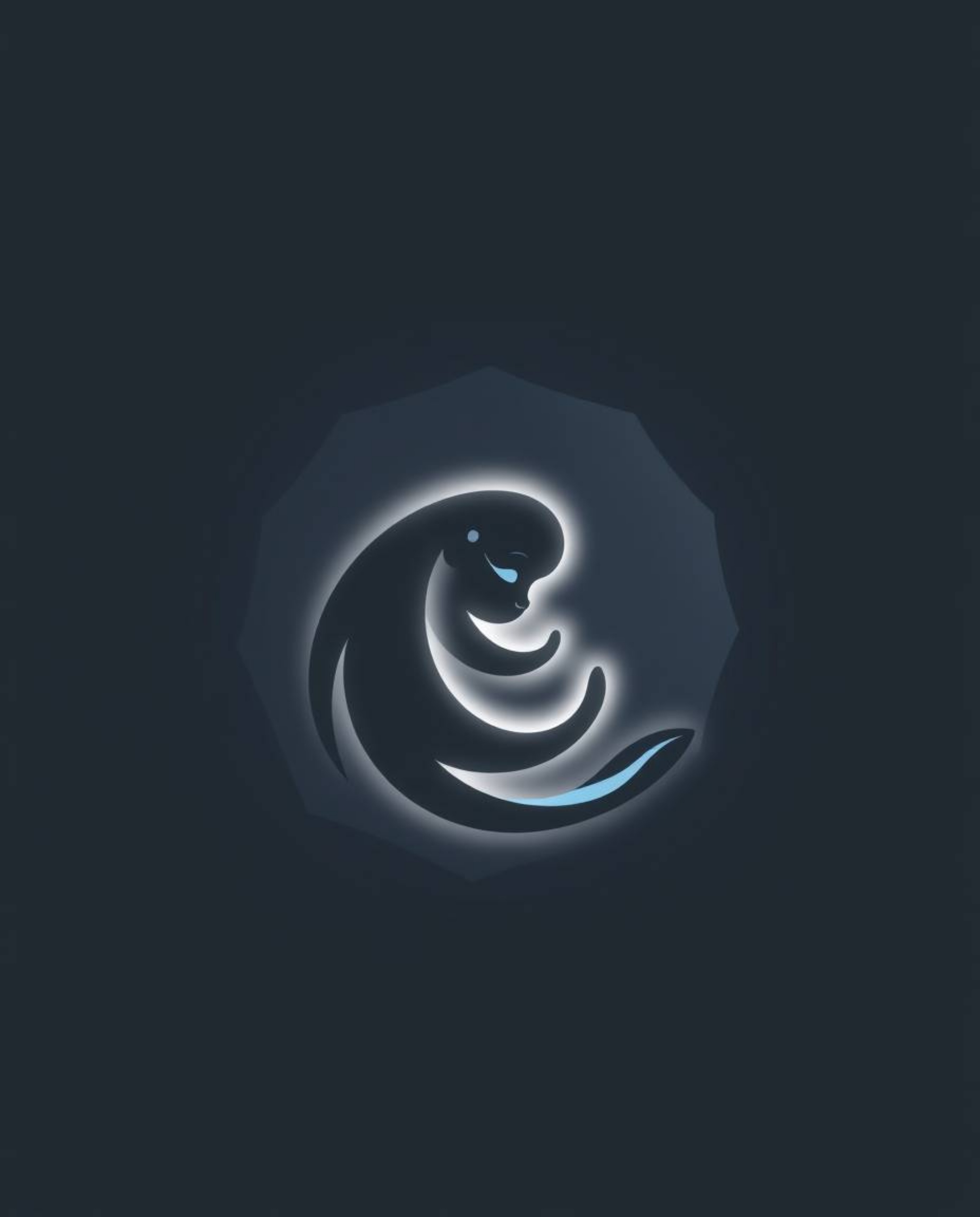 A logo design featuring a friendly sea creature and a child depicted in geometric shapes and clean lines, illuminated by a ge
