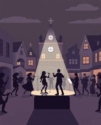This artwork depicts a captivating musical number taking place in a vibrant town square, rendered in a modern flat design sty