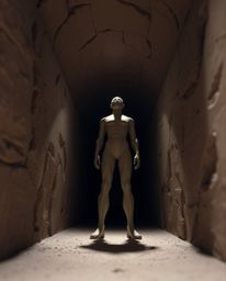 A captivating image of a person dramatically lit from below, standing at the edge of a tunnel.  The sculptural clay art piece