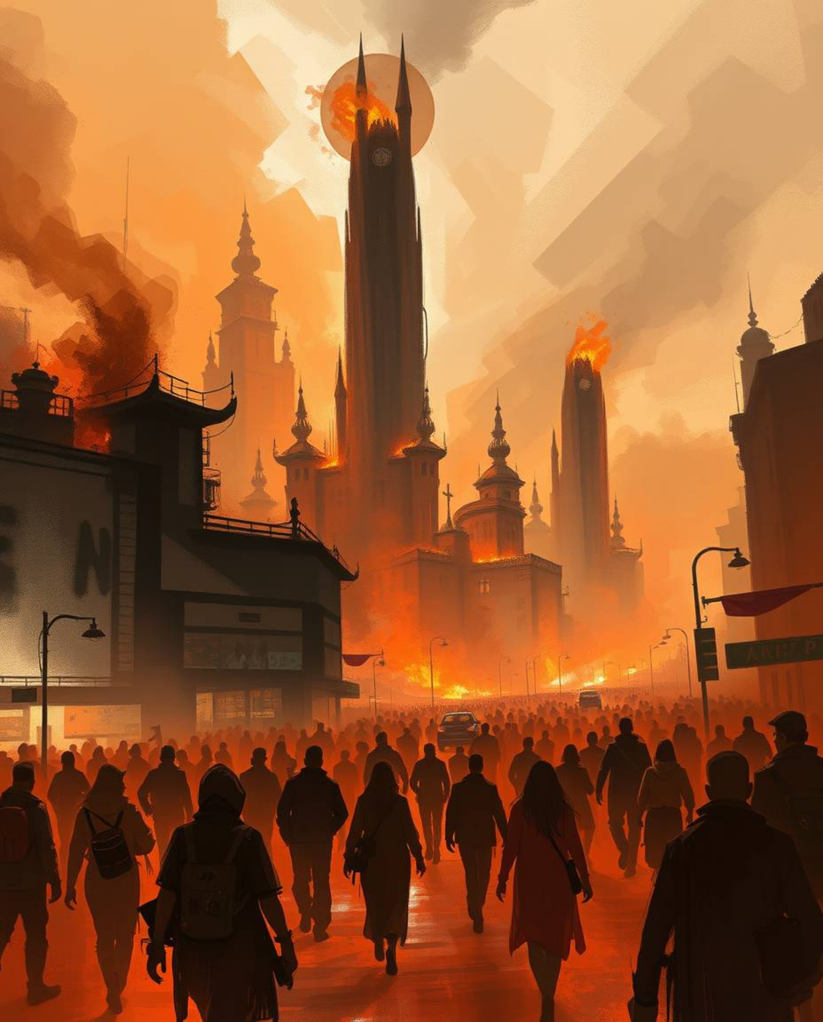 A city engulfed in flames, a scene of chaos and motion captured in a digital sketch. Utilizing loose, painterly strokes and s