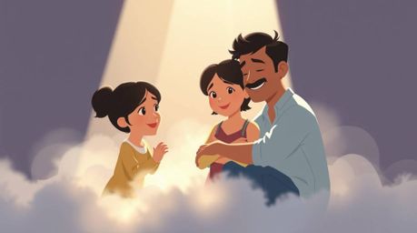 Experience a heartfelt family reunion in this Pixar-style illustration, rendered with a modern flat design aesthetic. Volumet