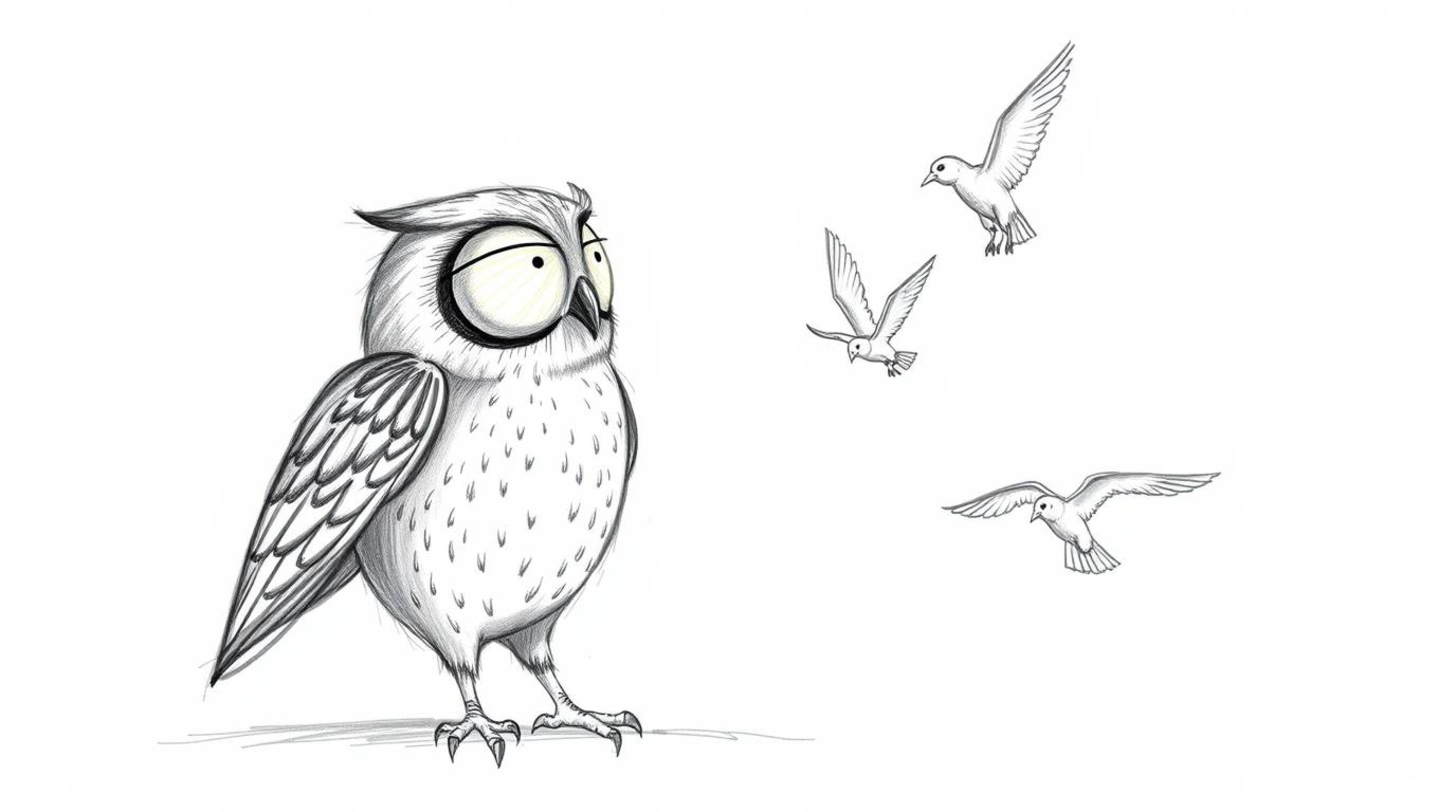 A captivating hand-drawn sketch depicts a blind owl, rendered in textured pencil strokes, teaching birds how to fly.  The sce