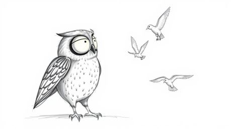 A captivating hand-drawn sketch depicts a blind owl, rendered in textured pencil strokes, teaching birds how to fly.  The sce