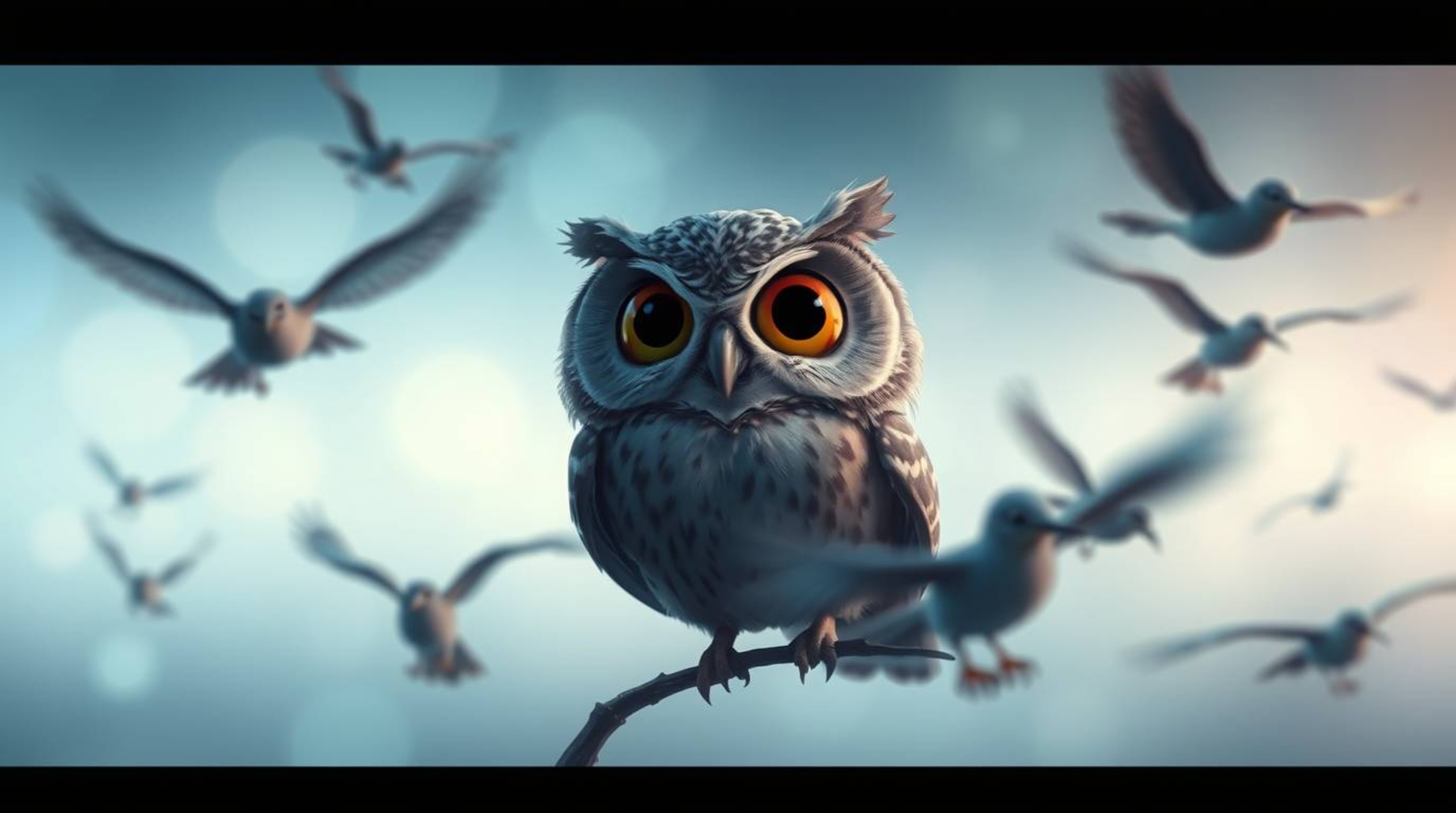 In a piece of long exposure photography enveloped in a soft cinematic haze, a wise, blind owl is rendered in a charming Pixar