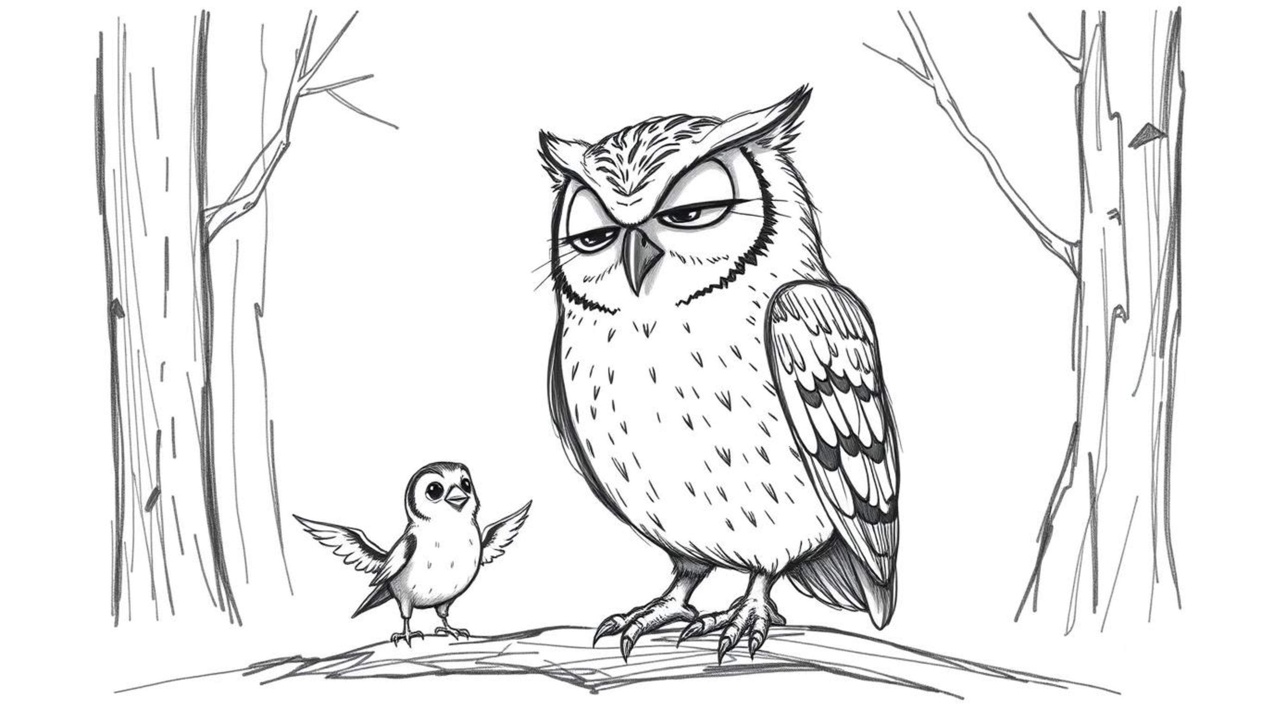 A charming hand-drawn sketch in the style of Pixar depicts a gentle, blind owl patiently guiding fledgling birds through flig