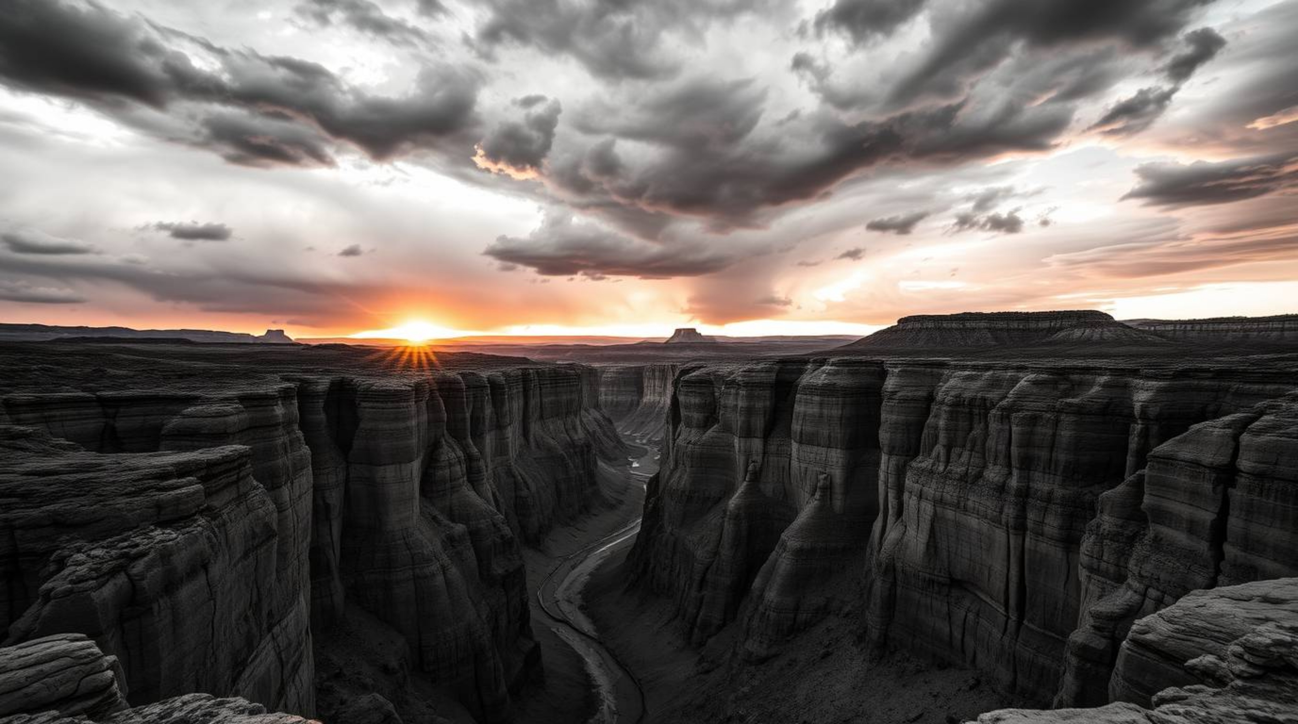 A classic black and white photograph captures a stunning rocky canyon bathed in the warm hues of a setting sun.  Stormy skies
